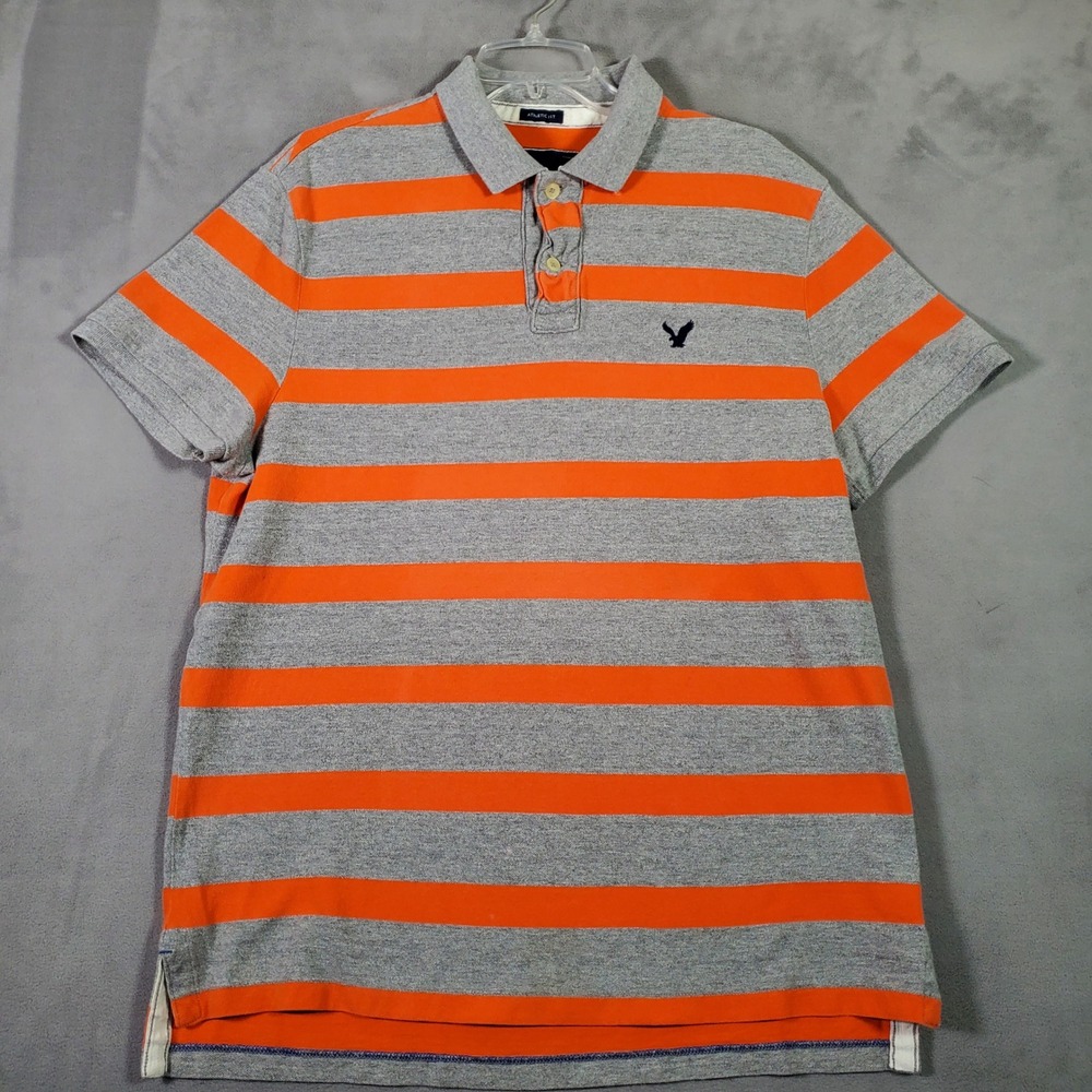 American Eagle Polo Shirt Mens XL Grey Orange Stripe Athletic Preppy Sporty Y2K